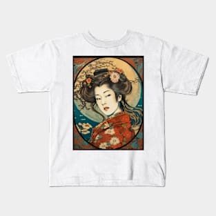 Vintage Rose Blossoms Japanese Woodblock Maple Streetwear Hipster Asian Inspired Retro Manga Samurai Dianthus Kids T-Shirt